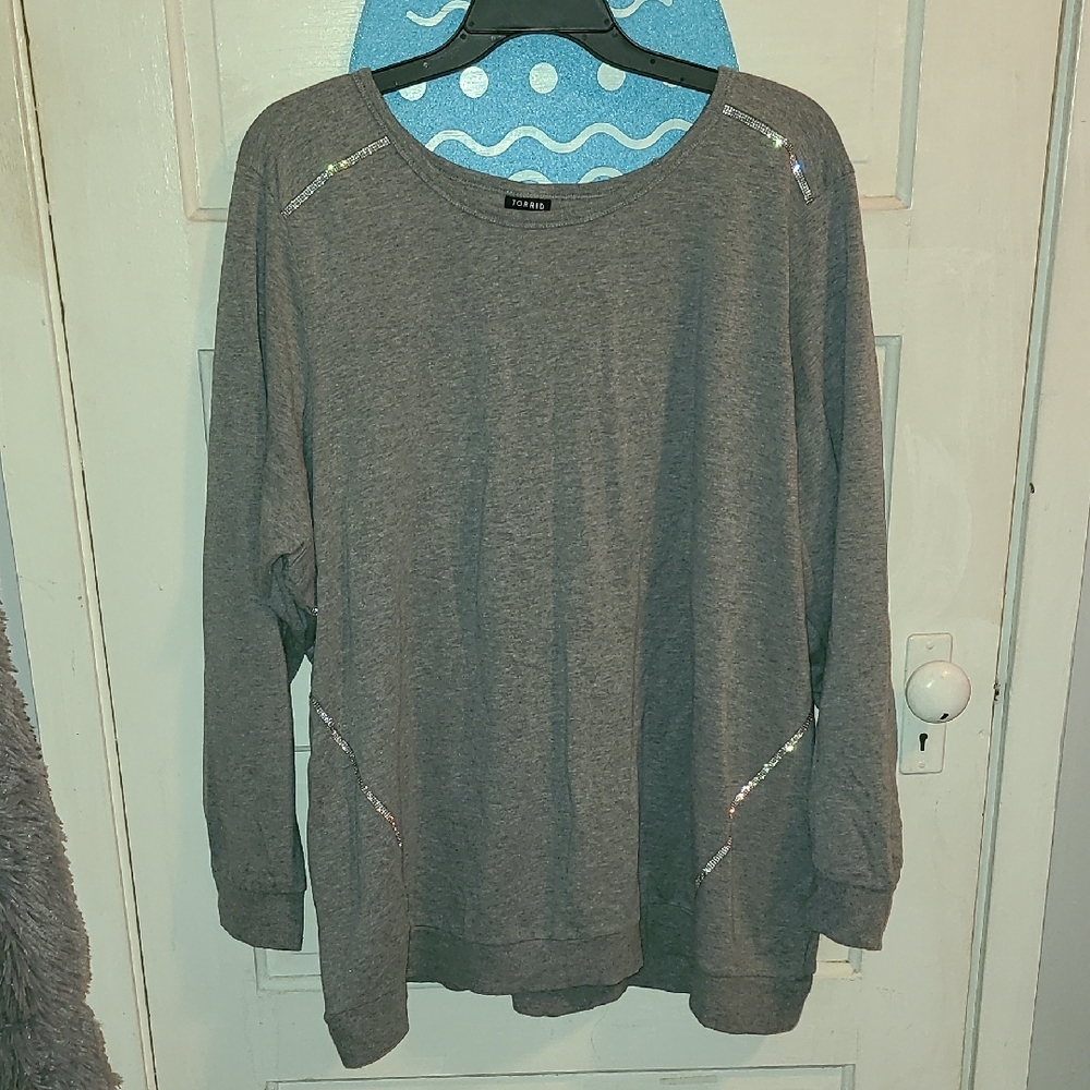 torrid Gray Rhinestone-Trim Pullover Sweatshirt